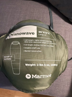 Marmot  Nanowave 35, Slidstærk fiber sovepose til en på max 198cm. Vejer 1080 gram og fylder ikke me