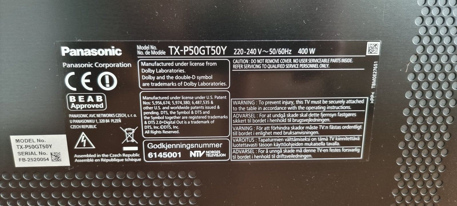Plasma, Panasonic, TX-P50GT50Y