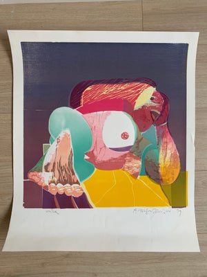 Farvetræsnit, Arne Haugen Sørensen, motiv: Kvinde, kløer, b: 40 h: 50, Tre stk. farvetræsnit af den 