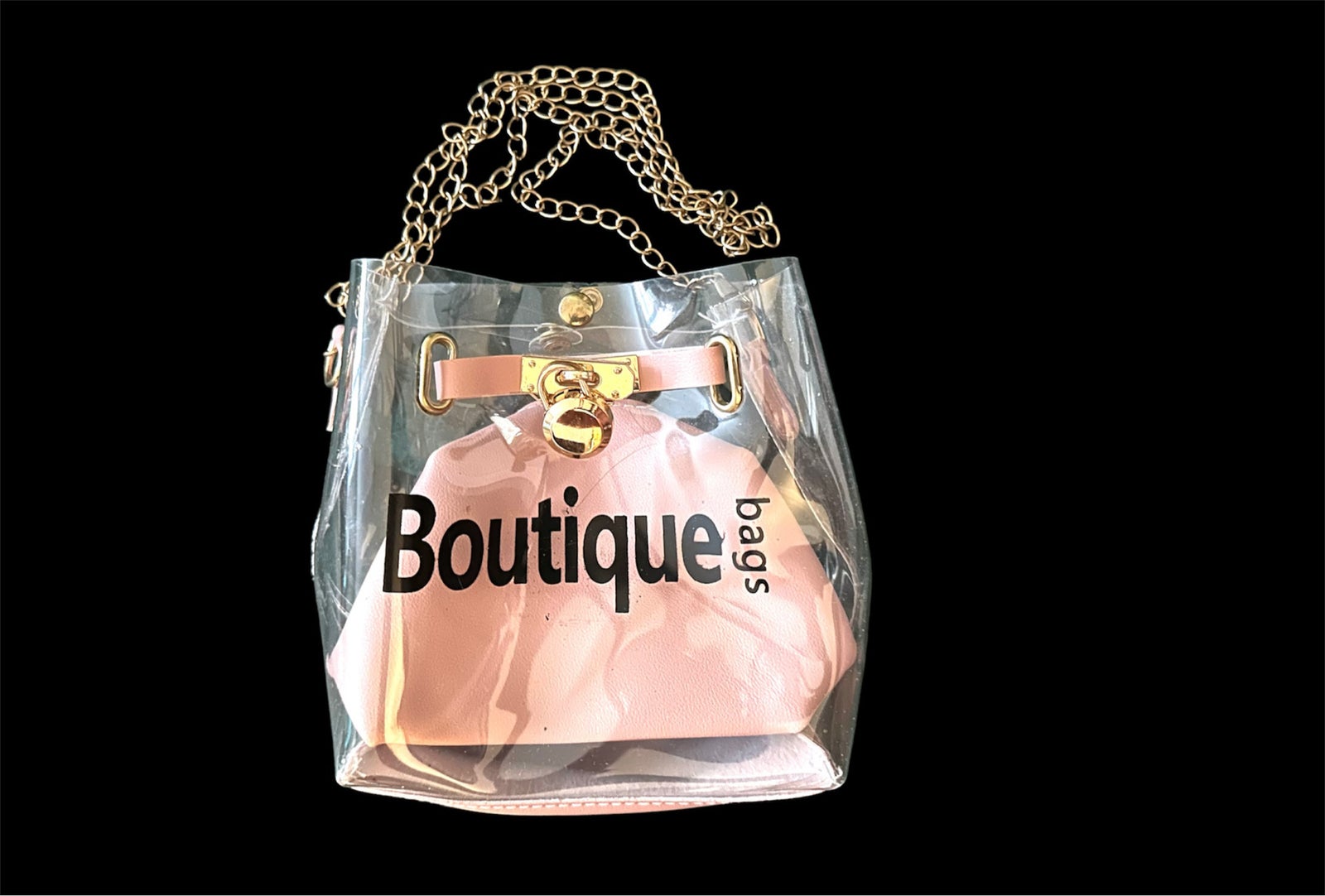 Håndtaske, Ny gennemsigtig taske makeup pung beige guld rosa – – Køb og Salg af og Brugt