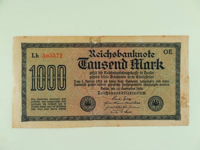 Vesteuropa, sedler, 1000 Mark, 1922, 102 år gammel Reichbanknote på 1000 mark

Er fra september 1922