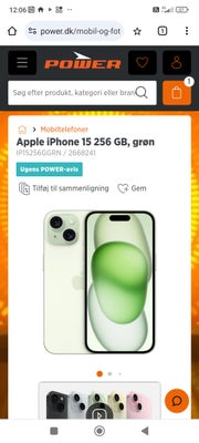 iPhone 15, 256 GB, grøn, Perfekt, Nyt emballage ikke brudt, fast pris, købt hos Power med kvittering
