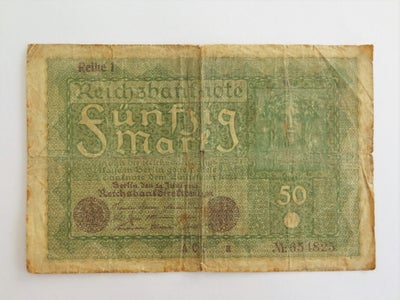 Vesteuropa, sedler,  50 mark, 1919, 104 år gammel Reichbanknote på 50 mark

Er fra juni 1919

Måler 