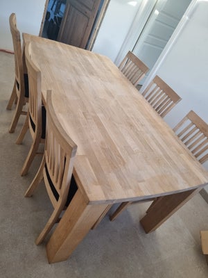 Spisebord m/stole, Egetræ, Stort tungt massivt egetræs spisebord med 6 stole + 2 tillægsplader sælge