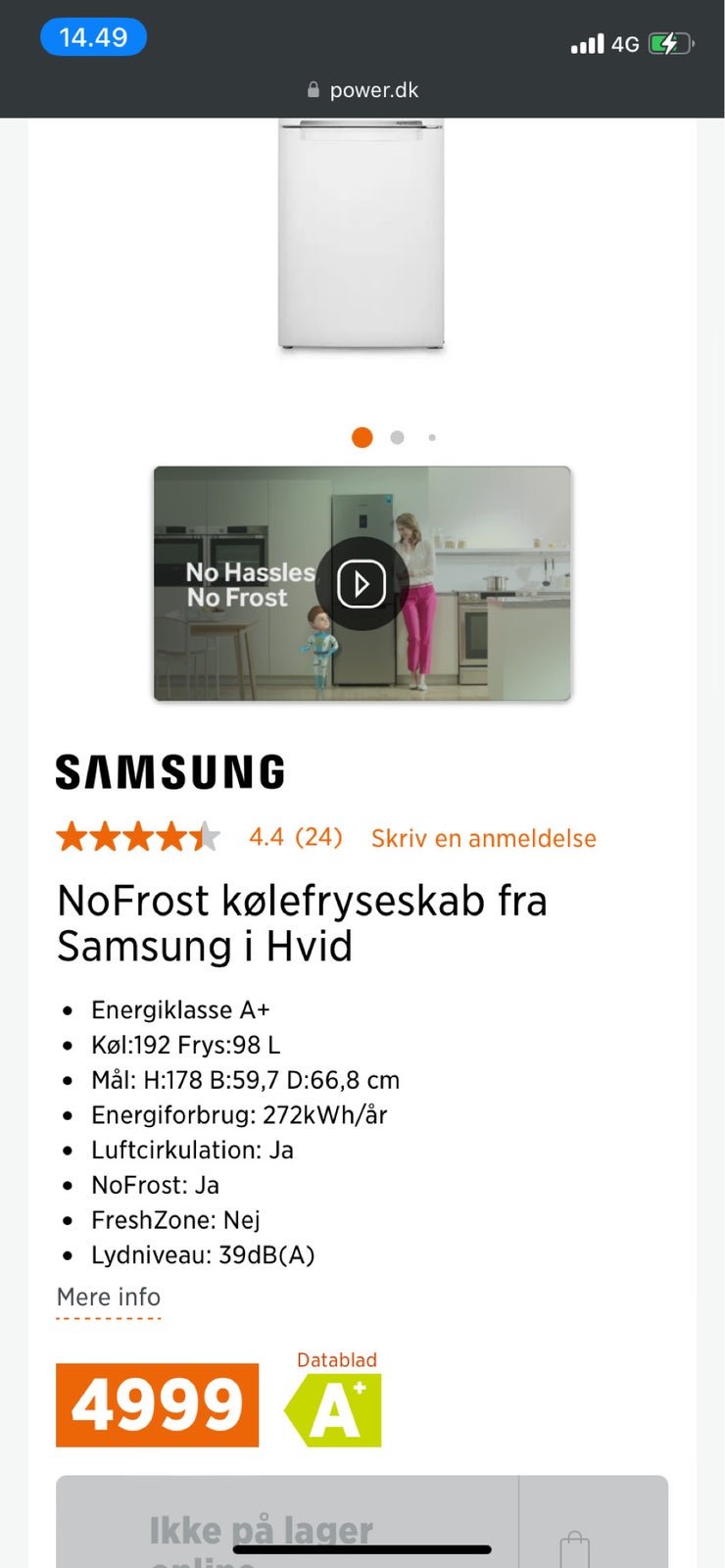 Køle/fryseskab, Samsung A+ , energiklasse A+