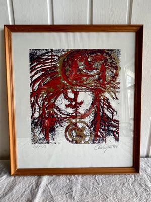Litografi, Elin Quist, motiv: Abstrakt ansigt, b: 38 h: 42,5, Fin abstrakt litografi i rød sort og g