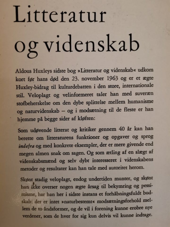 LITTERATUR OG VIDENSKAB, Aldous Huxley, emne: