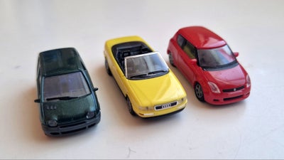 Modelbil, 3 X moderne biler til modelbanen. Audi, Suzuki Swift og en Renault Twingo. Skala h0, 1:87.