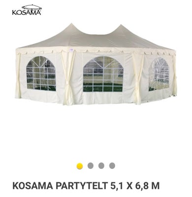 Partytelt rundt Kosama, Rundt / ottekantet hvidt Kosama partytelt 5.1 x 6,8 m.
Brugt én gang. 
Passe