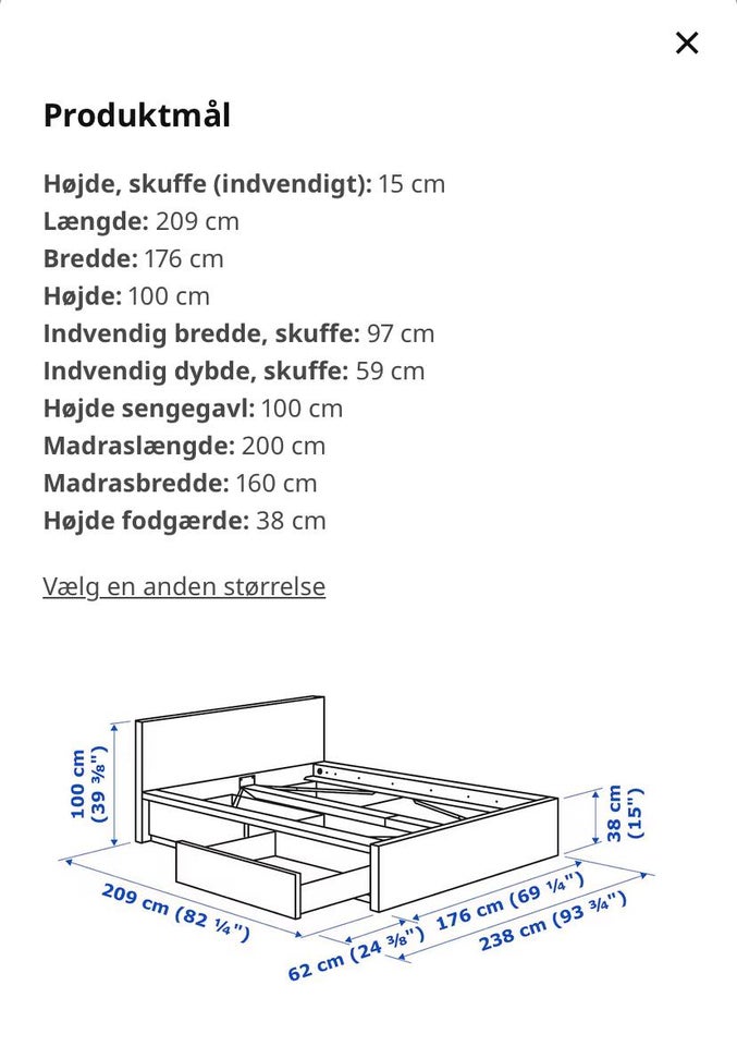 Sengeramme, Malm / IKEA / 160 cm, b: 176 l: 209 h: 100