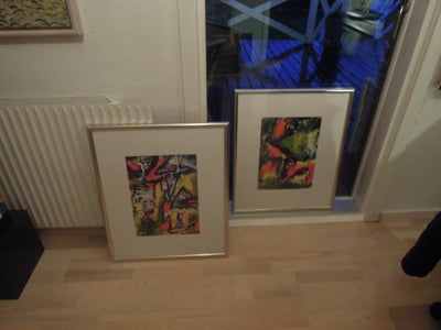 billeder i ramme-2 stk, 2 flotte abstrakte billeder sælges.

De måler 53 cm (bredde) x 63 cm (højde)