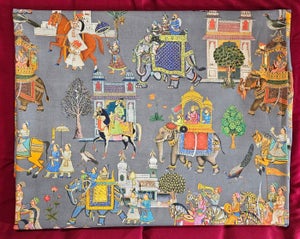 Eksklusivt indisk stof - 300x280cm - grå - Elephants and Knights - Tekstil - ...