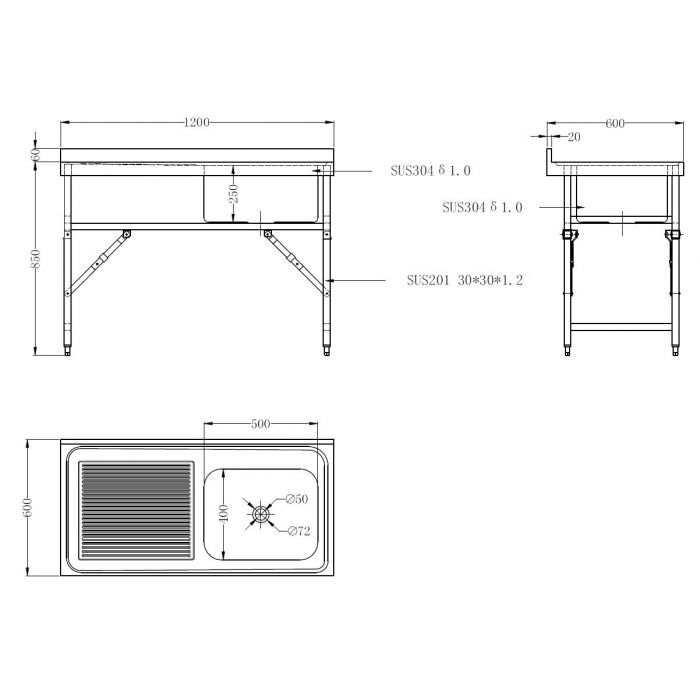 Stålbord med vask – foldebar – 120x60x91 cm