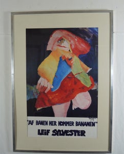 Leif Sylvester f. 1940. sign. offset plakat "Af banen her kommer bananen".
