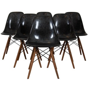 Sæt med 6 sorte Charles Eames DSR stole af glasfiber