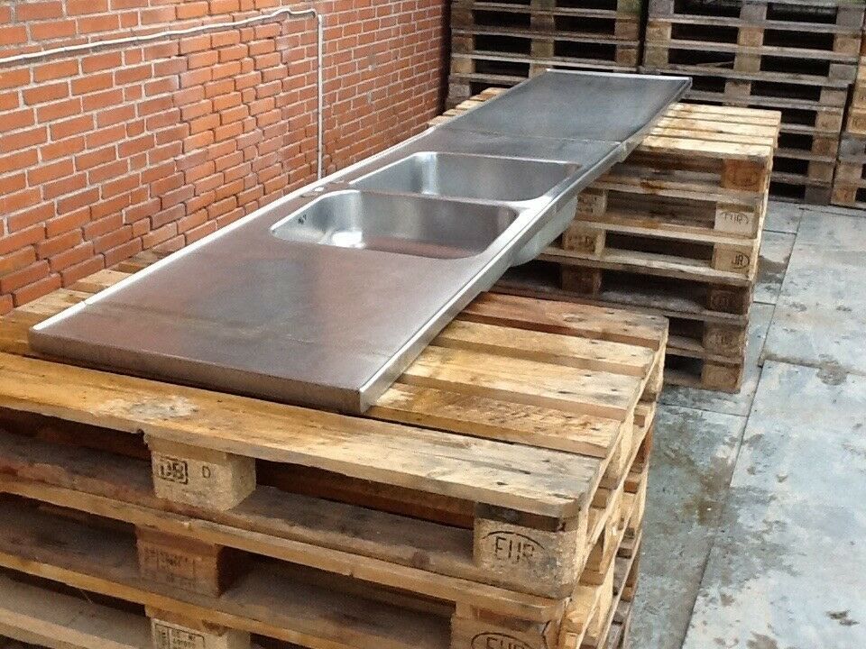 Køkkenbord rustfri dobbelt vask - L 334 x B 65 cm