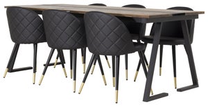 Jakarta spisebordssæt spisebord teak og 6 Velvet stole PU kunstlæder sort , .