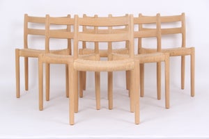 6 stole model 84, J.L. Møller, egetræ og flet