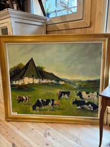 Maleri af køer og gård