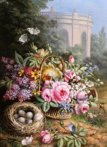 André-Félix Thomas (XIX-XX) - Still life of flowers with butterflies and eggs...