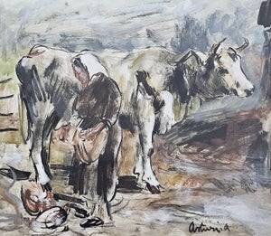Antonio Asturi (1904-1986) - Contadina con vacca e galline