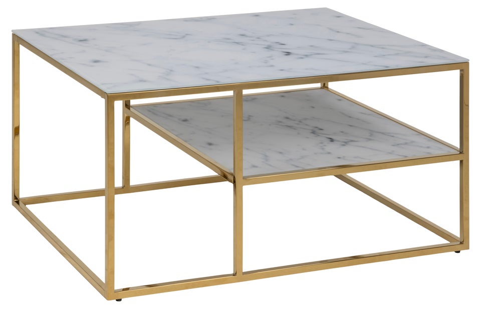 sofabord med 1 hylde, gylden stel, marmorprint hvid. – dba.dk – Salg af Nyt og Brugt
