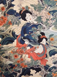 Sjældent orientalsk art nouveau-stof med geisha - 300x280 cm - orientalsk des...