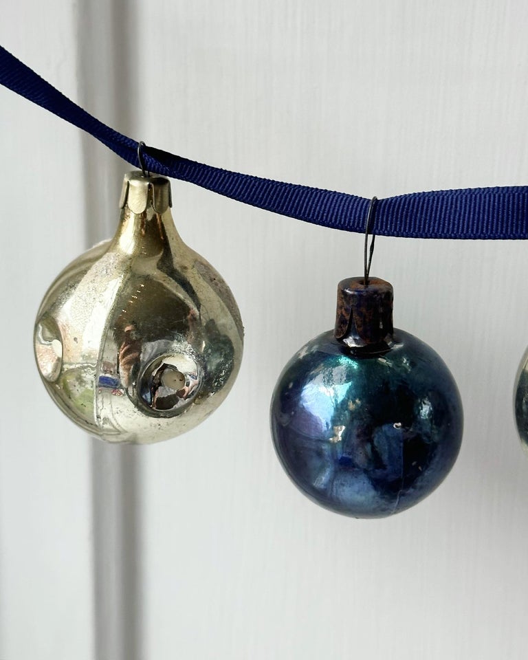 Vintage julekugler, sølv og blå, 4 stk samlet