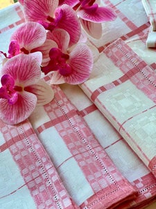 Pink og hvid hør damask dug med 8 matchende servietter. - Dug - 130 cm - 120 cm