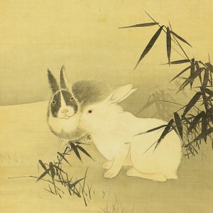 Night of the Full Moon Two Rabbits and Bamboos - Kubota Beisen 久保田米僊 (1852-19...