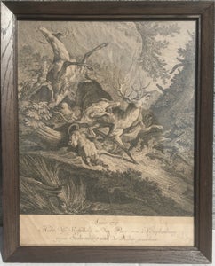 Johann Elias Ridinger - Jagt motiv med kronhjort og jagthunde