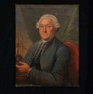 1700-tals kaptajnsportræt, olie på lærred. I baggrunden skim