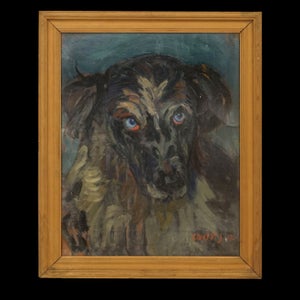 Axel P. Jensen, 1886-1972, olie på pap. Portræt af hund. Sig