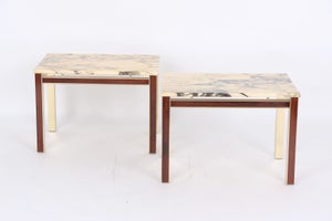 2 sofabordborde med træ, messing og marmor, dansk design 1970erne