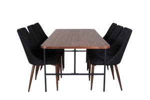 UnoWA spisebordssæt spisebord valnød dekor og 6 Leone stole sort.